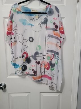 Pulse Multicolor Abstract Print White Asymmetric Chiffon Blouse